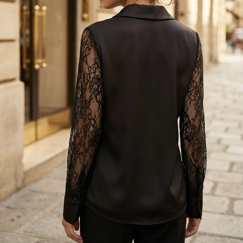 Black satin blouse with sheer floral lace sleeves - back view