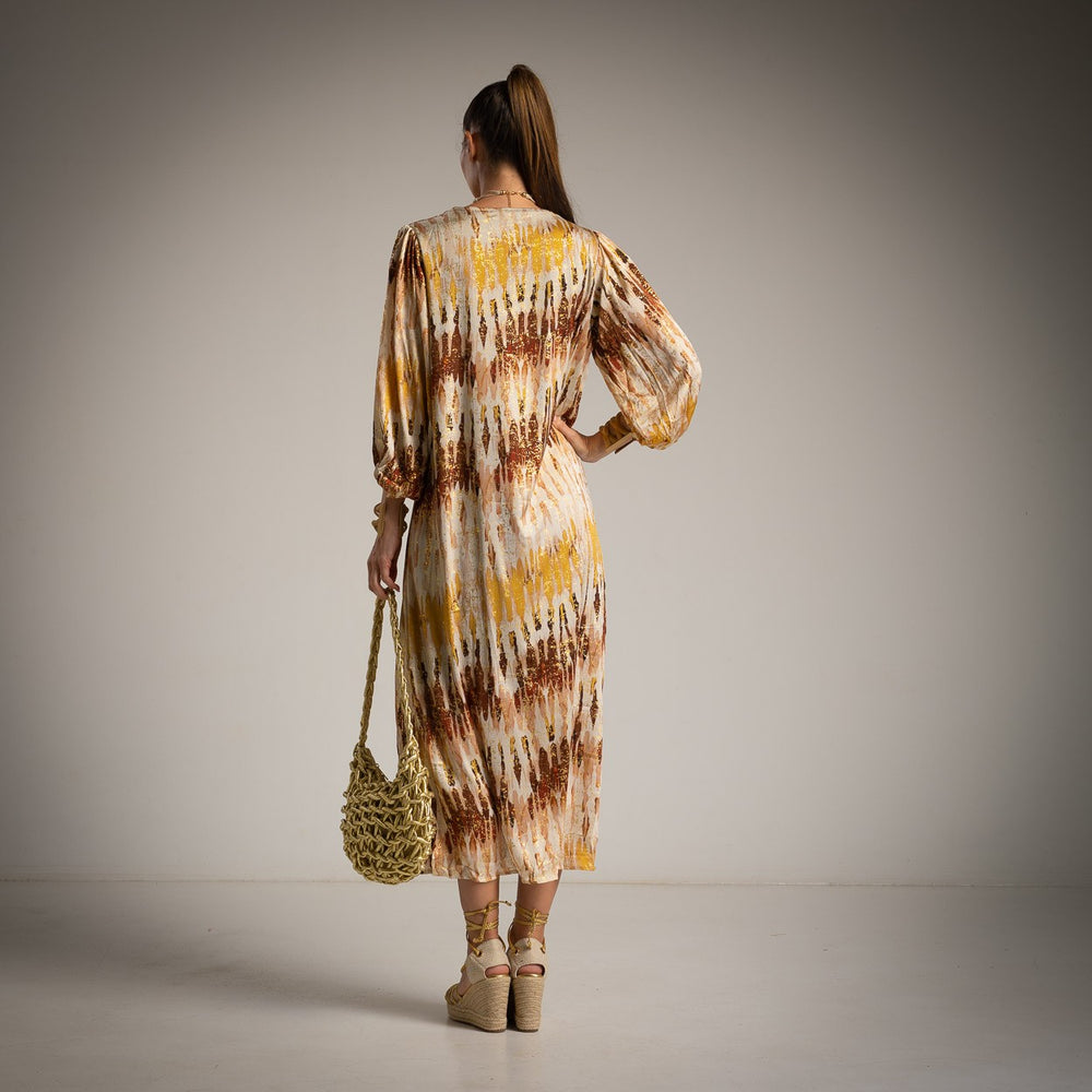 Golden Amber abstract print kaftan midi dress with long gathered sleeves - back view