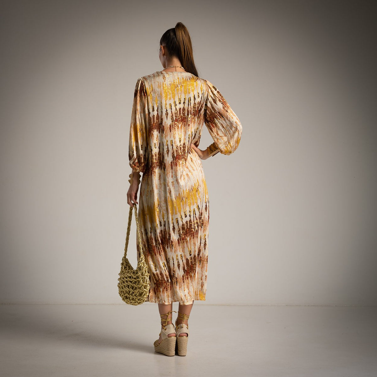 Golden Amber abstract print kaftan midi dress with long gathered sleeves - back view