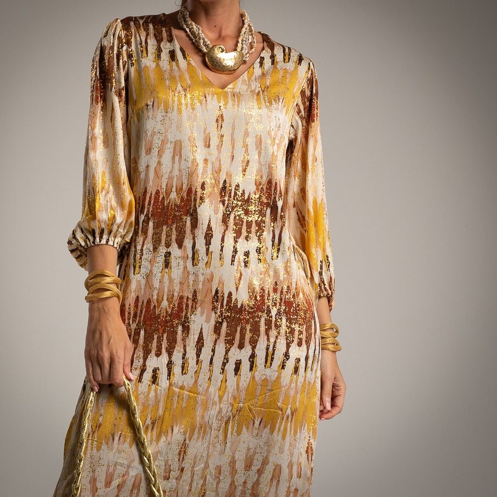 Golden Amber abstract print kaftan midi dress with long gathered sleeves - front view