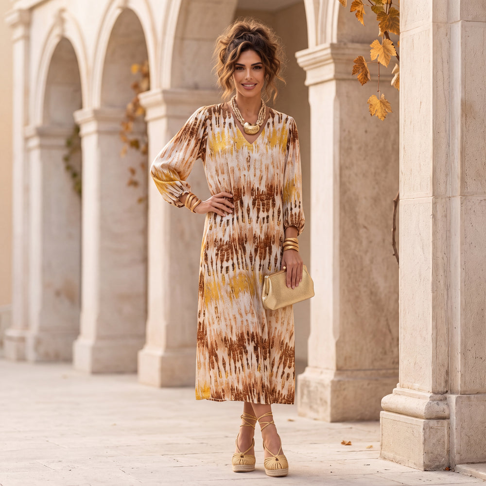 Golden Amber abstract print kaftan midi dress with long gathered sleeves by MARIΓIOU