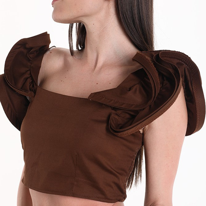 Chocolate Brown statement crop top with layered ruffle shoulder details