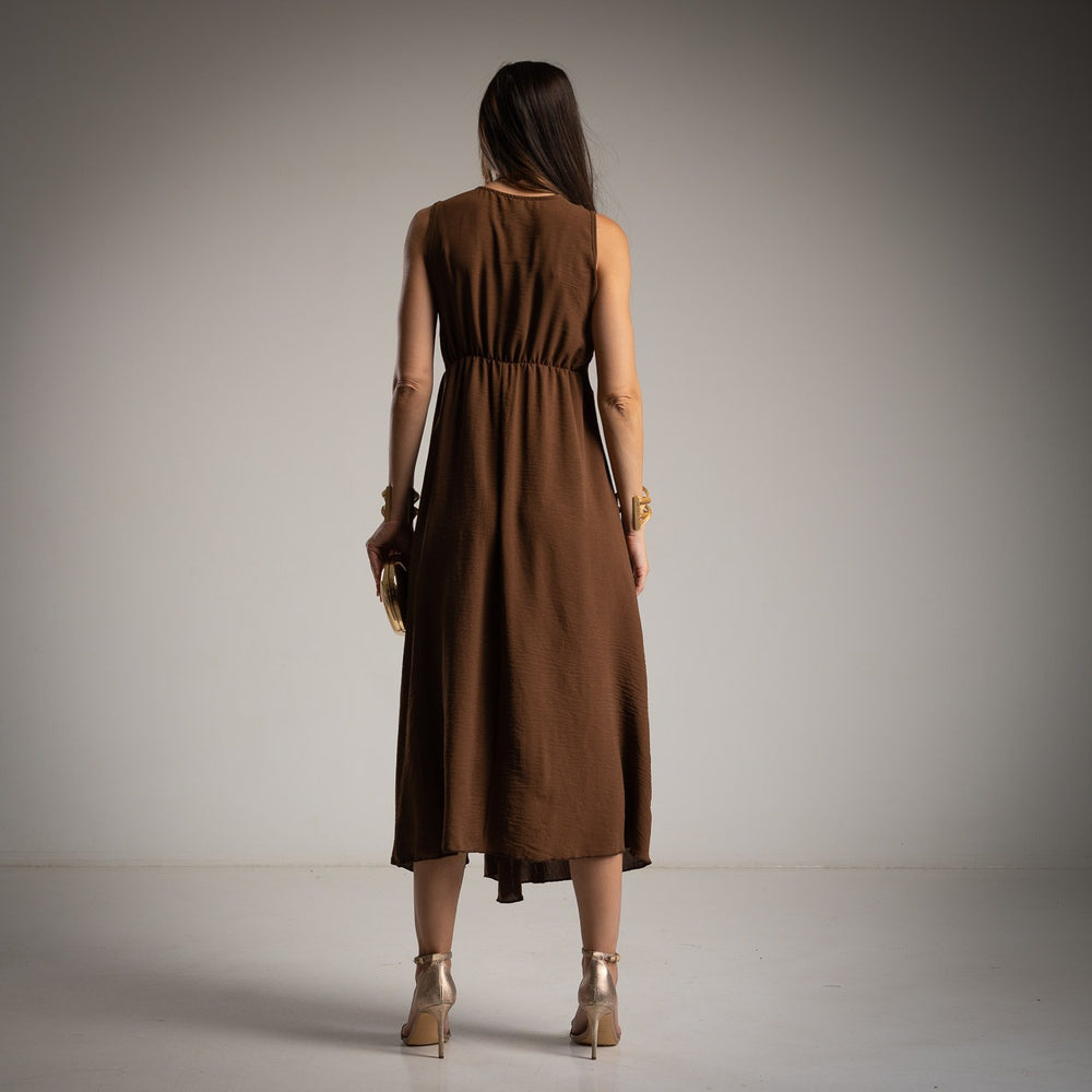 Chocolate Brown sleeveless asymmetrical midi dress back view with lightweight flowing fabric