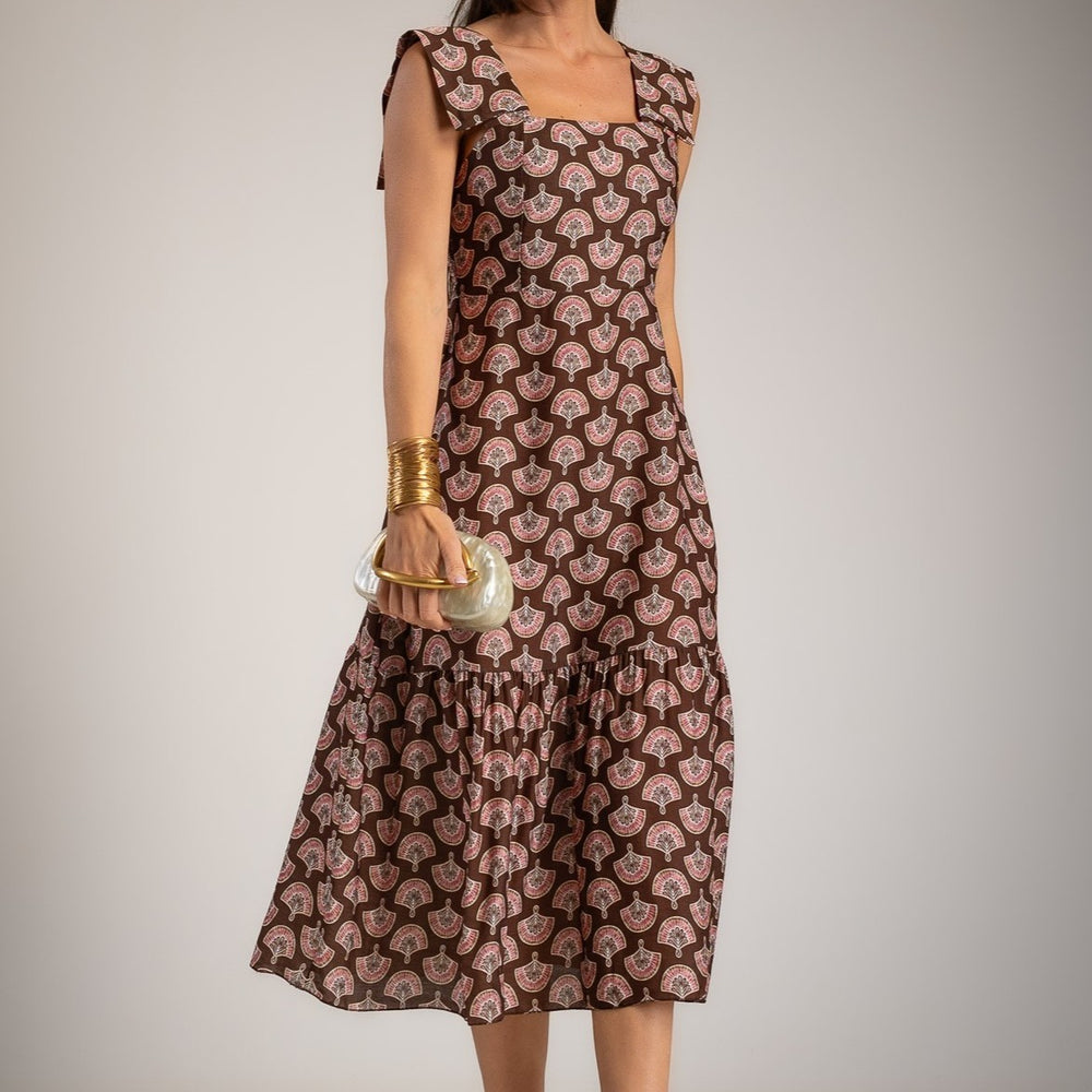 Chocolate fan print midi dress with statement shoulders and feminine square neckline
