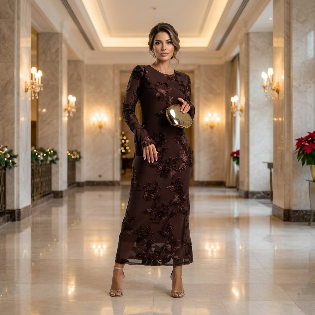 Chocolate brown maxi dress with floral embroidery and long sheer sleeves in an elegant hall