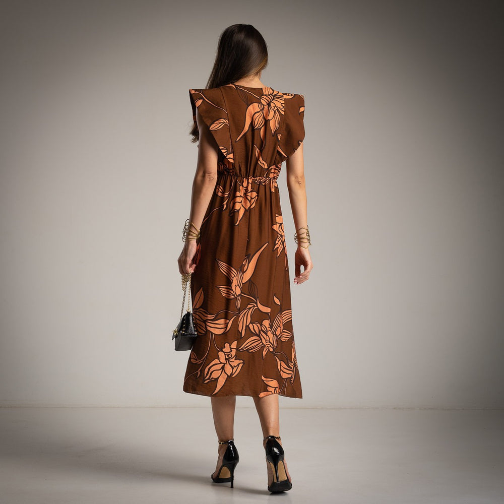 MARIΓIOÚ chocolate floral midi dress elegant summer outfit back view