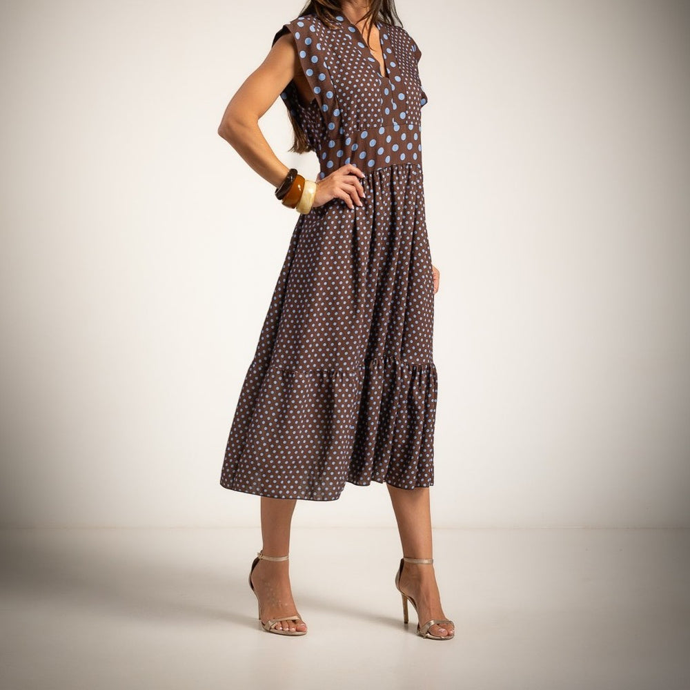 Chocolate brown polka dots midi dress with V-neckline cap sleeves and flattering silhouette