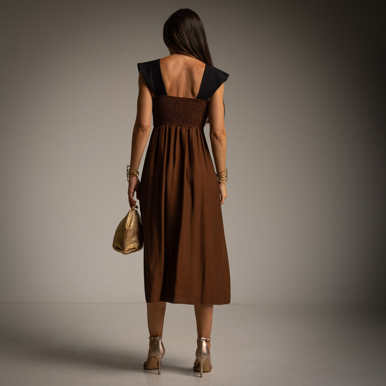 Back view of Chocolate resort midi dress with elegant summer silhouette
