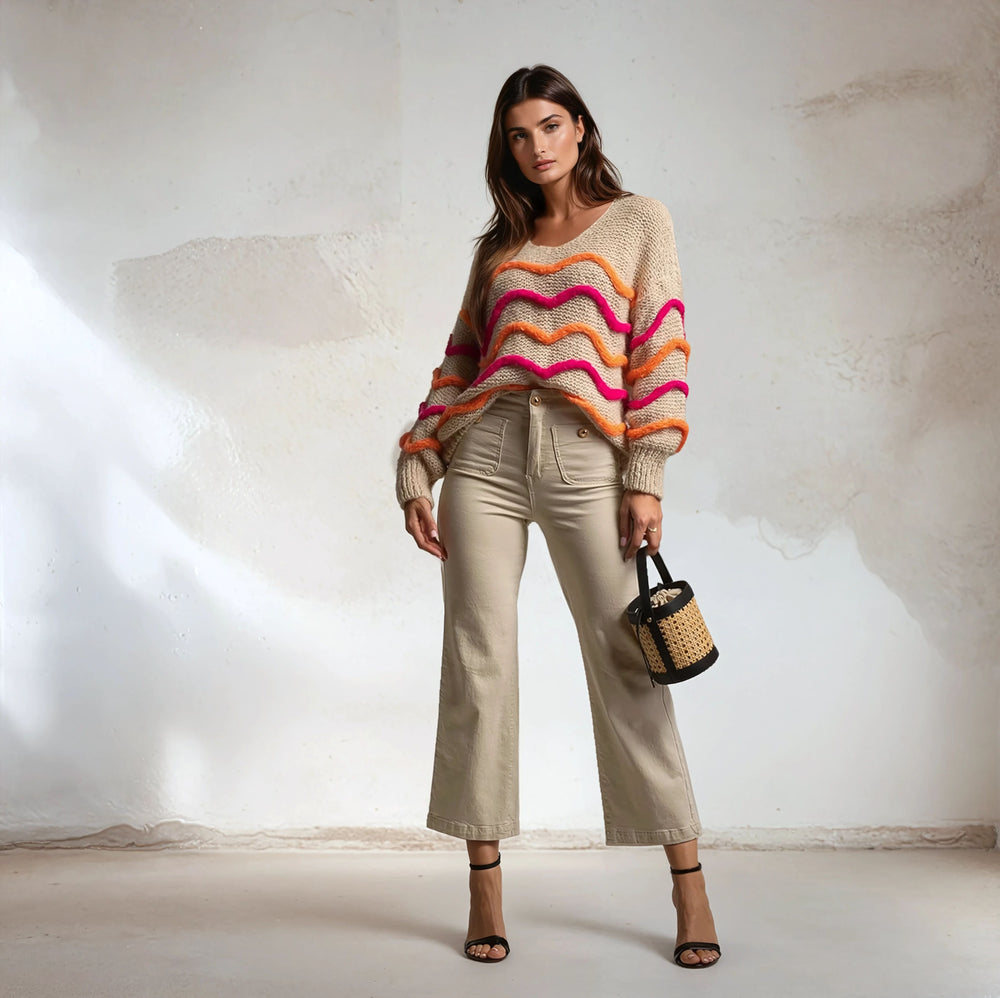 Chunky knit oversized sweater with colorful accents – front view | MARIΓIOÚ