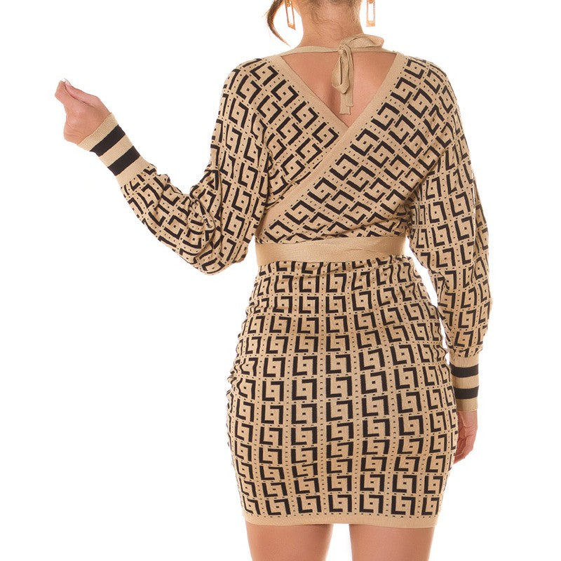 Black Beige geometric print wrap knit mini dress with tie belt - back view