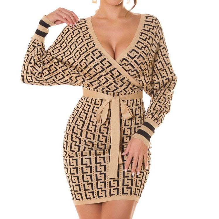 Black Beige geometric print wrap knit mini dress with tie belt - front view