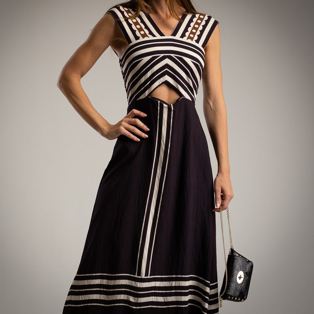 marigiou classic black cut out midi dress detail graphic stripes neckline