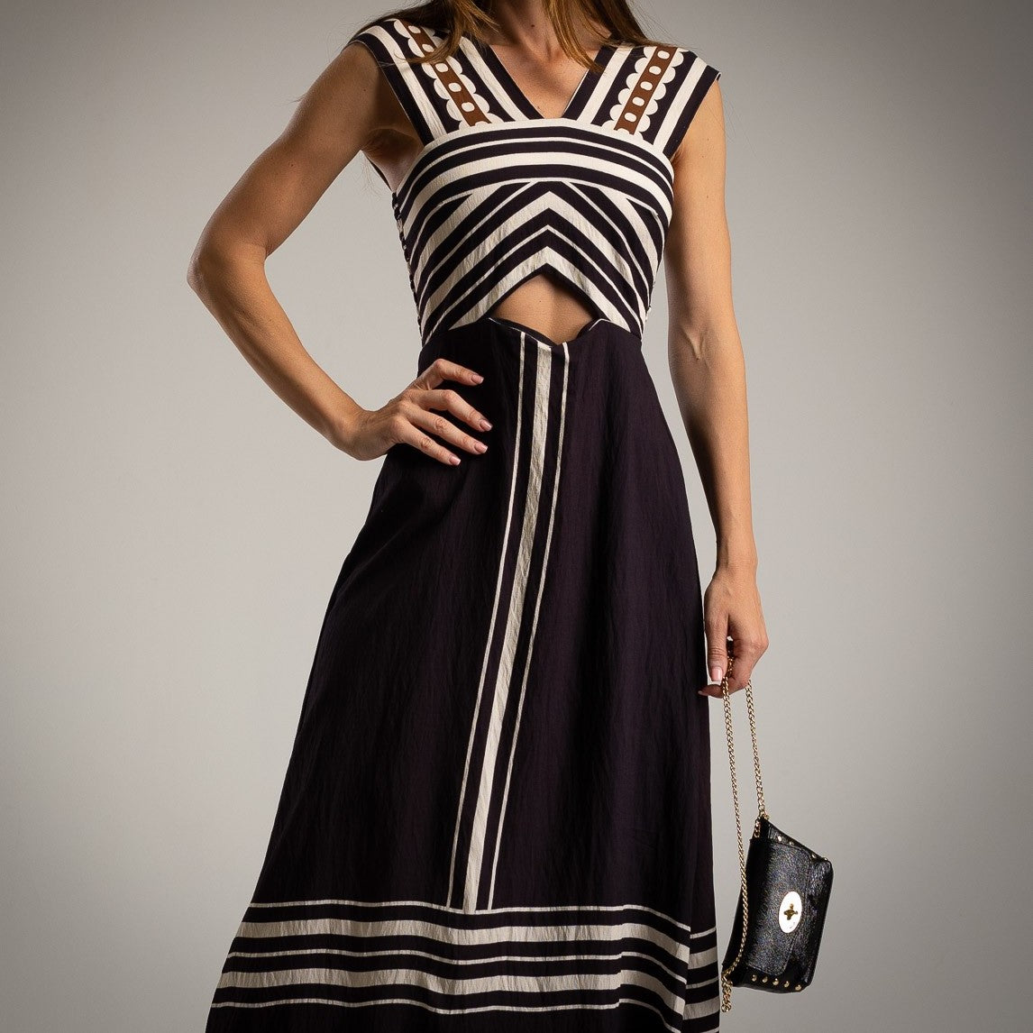 marigiou classic black cut out midi dress detail graphic stripes neckline