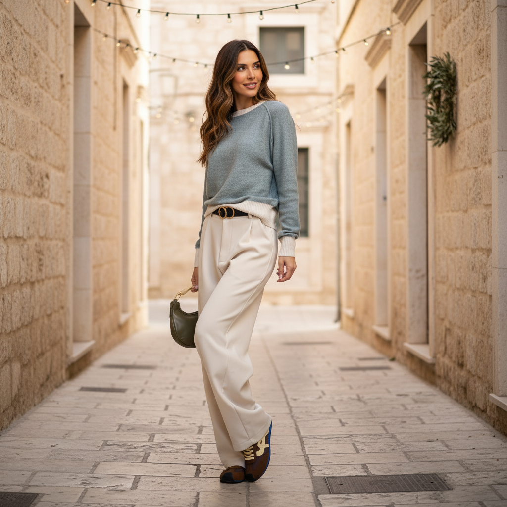 Woman wearing blue contrast knit sweater by MARIΓIOÚ in winter outfit