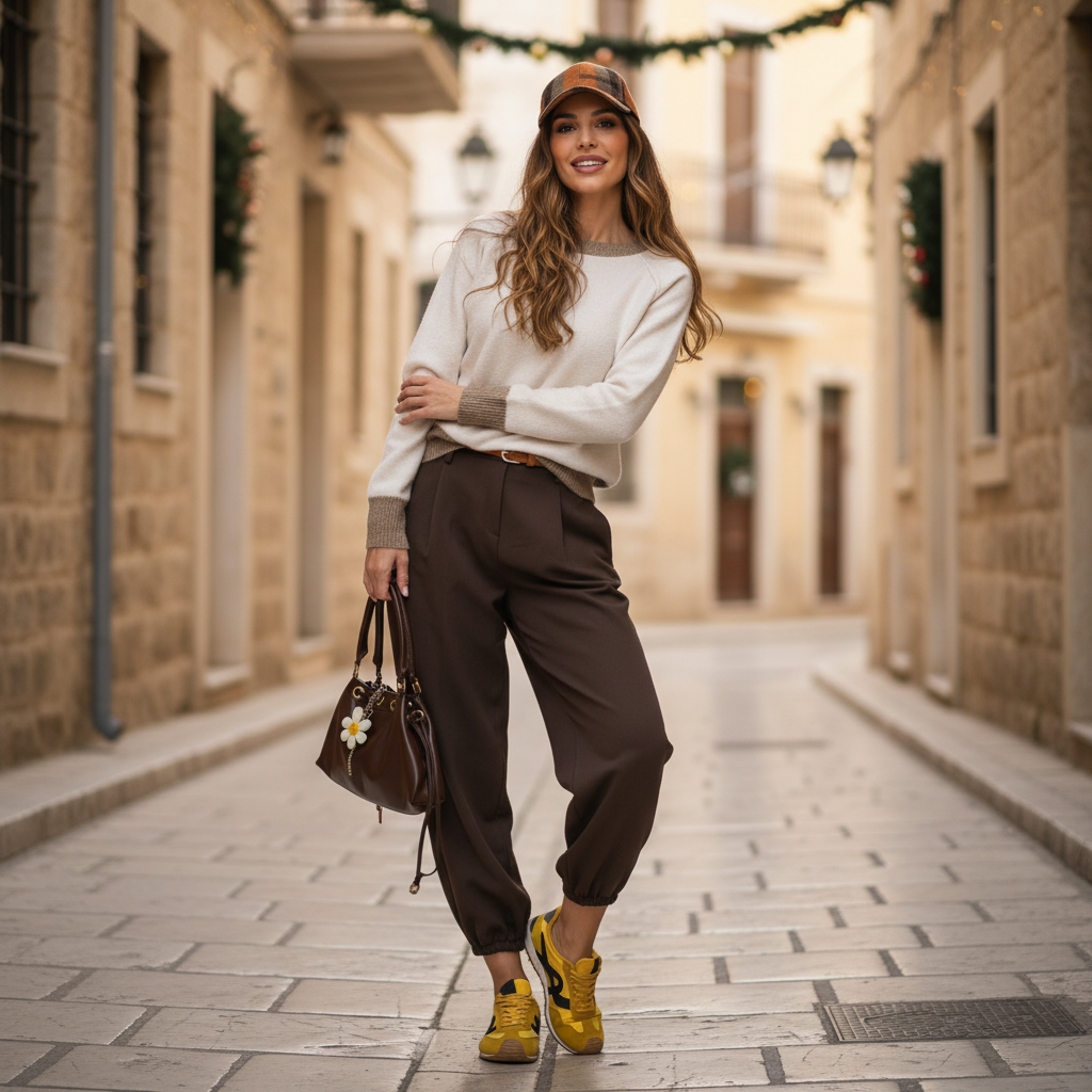Woman wearing contrast knit sweater by MARIΓIOÚ styled with trousers