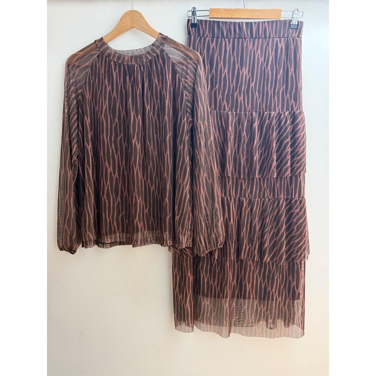 Cocoa Brown printed mesh blouse with balloon sleeves and tiered skirt set - front view