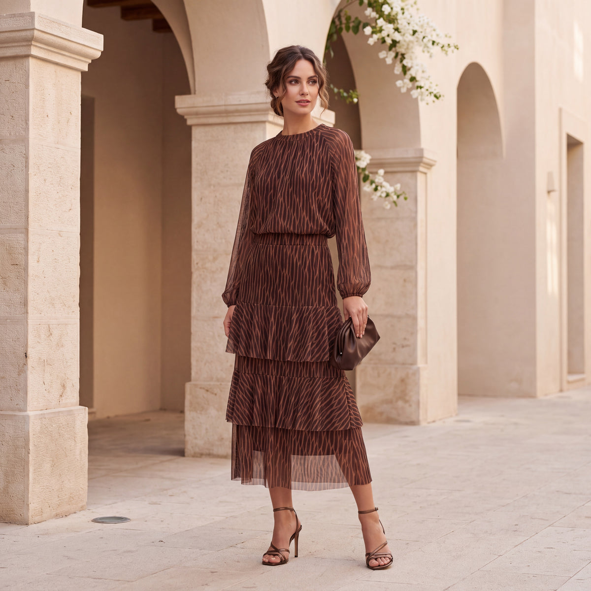 Cocoa Brown printed mesh blouse with balloon sleeves and tiered skirt set by MARIΓIOU