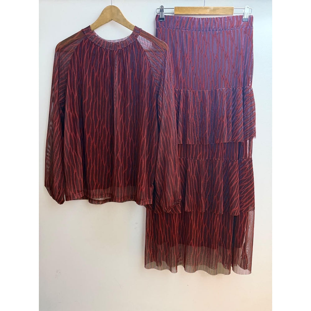 Deep Wine Red printed mesh blouse with balloon sleeves and tiered skirt set - front view