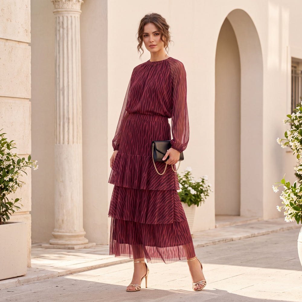 Deep Wine Red printed mesh blouse with balloon sleeves and tiered skirt set by MARIΓIOU