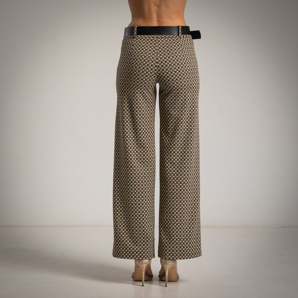 Almond Taupe micro diamond wide-leg pants with high waist and belt - back view