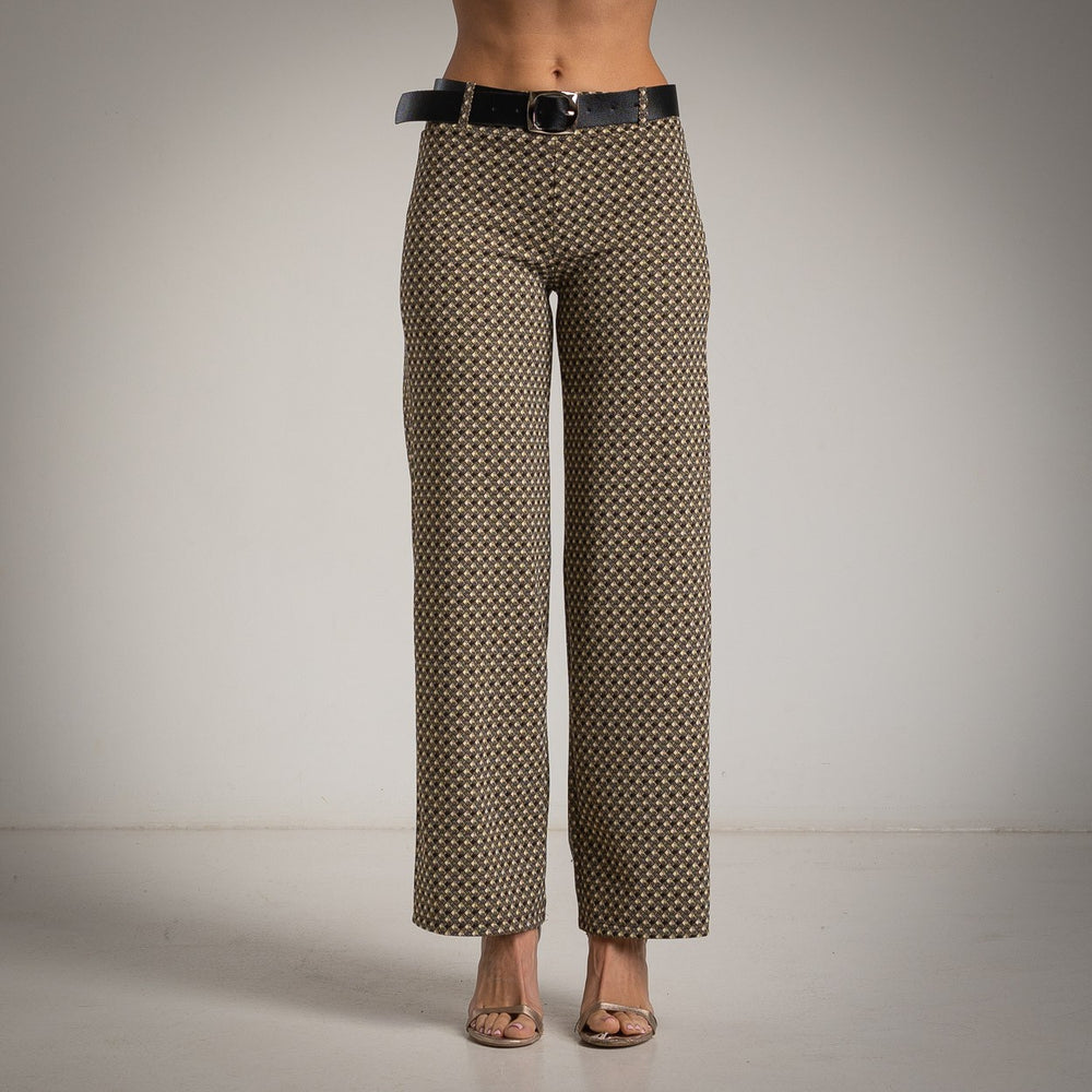 Almond Taupe micro diamond wide-leg pants with high waist and belt - front view