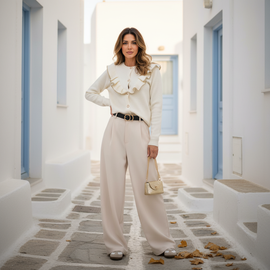 MARIGIOU creme balloon pants styled with black belt, creme volants cardigan and a golden bag