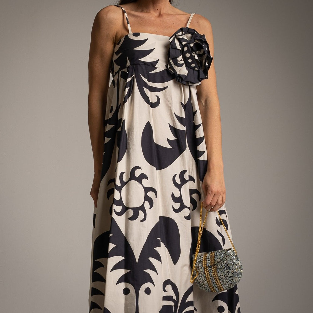 marigiou creme black summer maxi dress with abstract print front detail