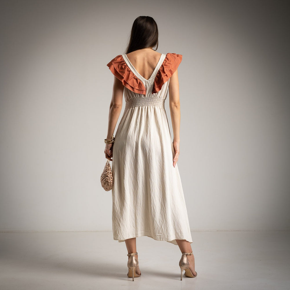 marigiou creme midi dress with ruffle shoulders back view