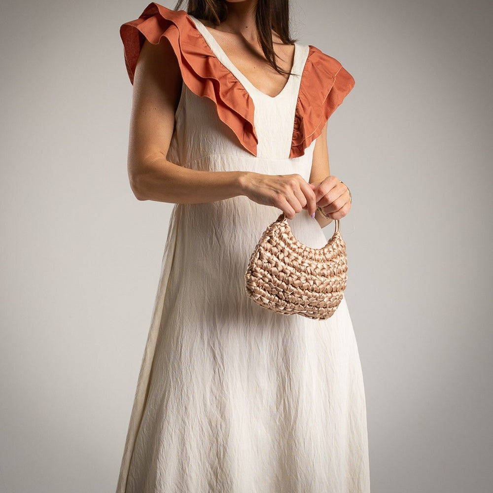 marigiou creme summer midi dress with ruffle neckline front detail