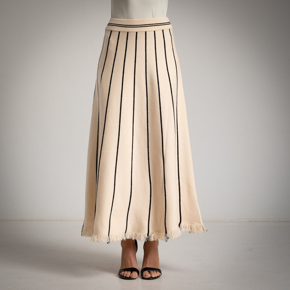 MARIΓIOÚ creme striped knit maxi skirt – front studio view