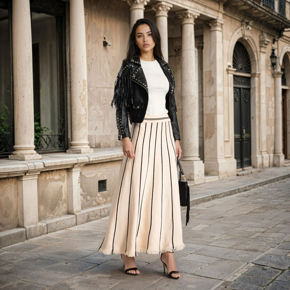 Creme striped knit maxi skirt styled with leather jacket – outdoor full look