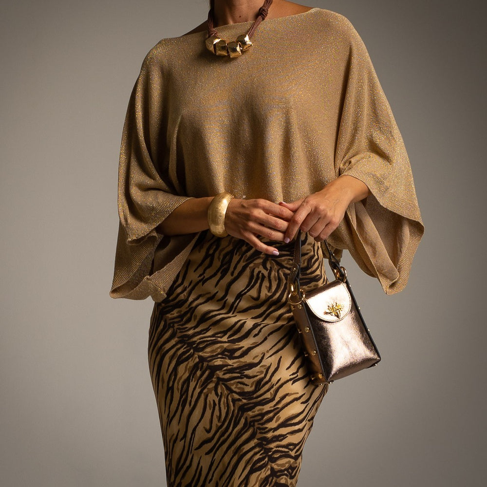 Golden Amber cropped lurex cape with wide draped sleeves - front view