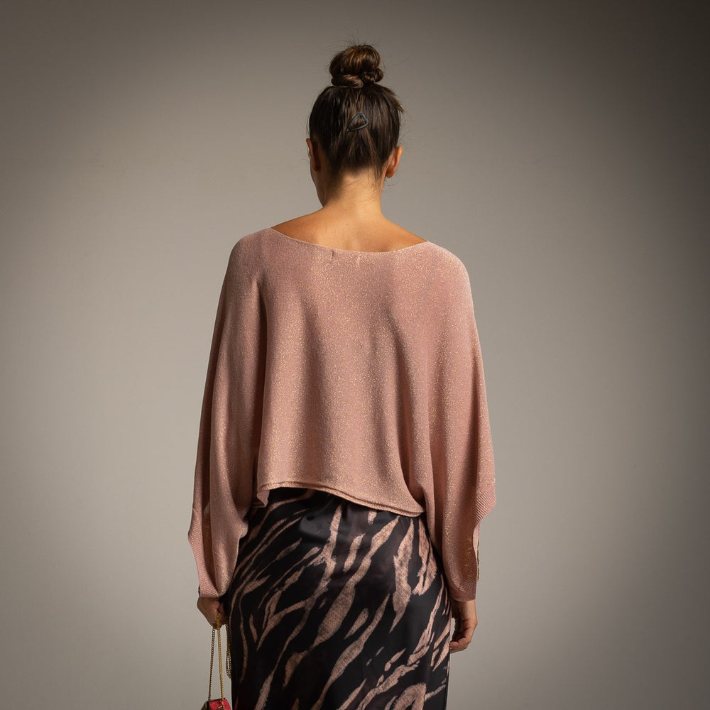 Soft Blush Pink cropped lurex cape with wide draped sleeves - back view
