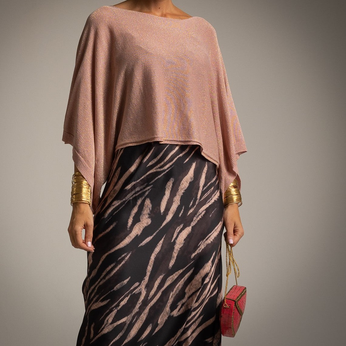 Soft Blush Pink cropped lurex cape with wide draped sleeves - front view