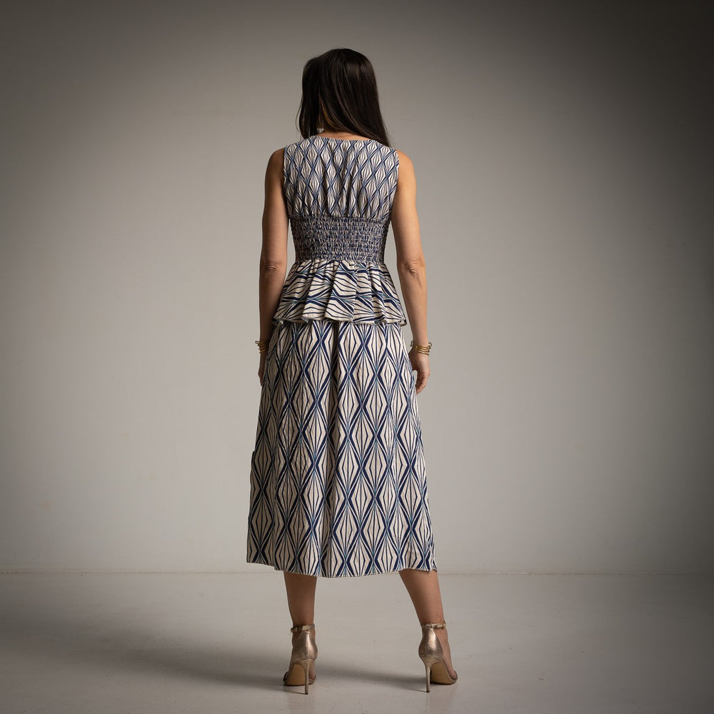 marigiou deep ocean blue peplum midi dress back view