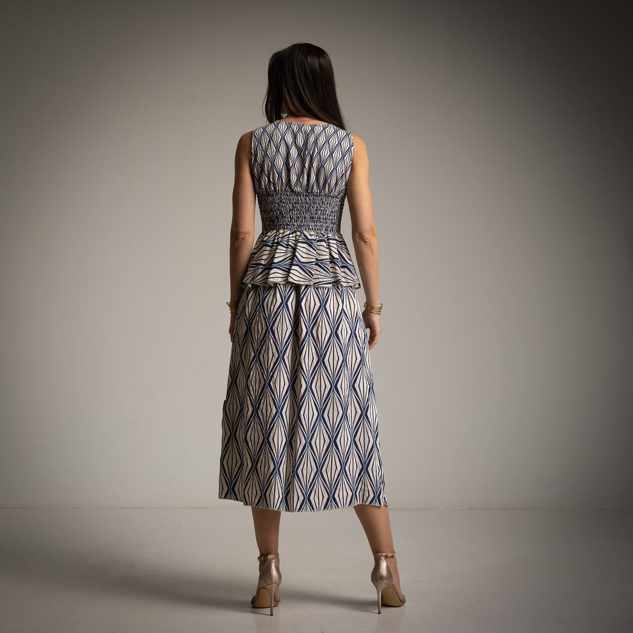 marigiou deep ocean blue peplum midi dress back view