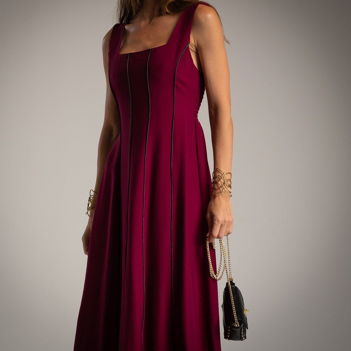 Deep Wine Red midi dress with square neckline and elegant black contrast piping detail