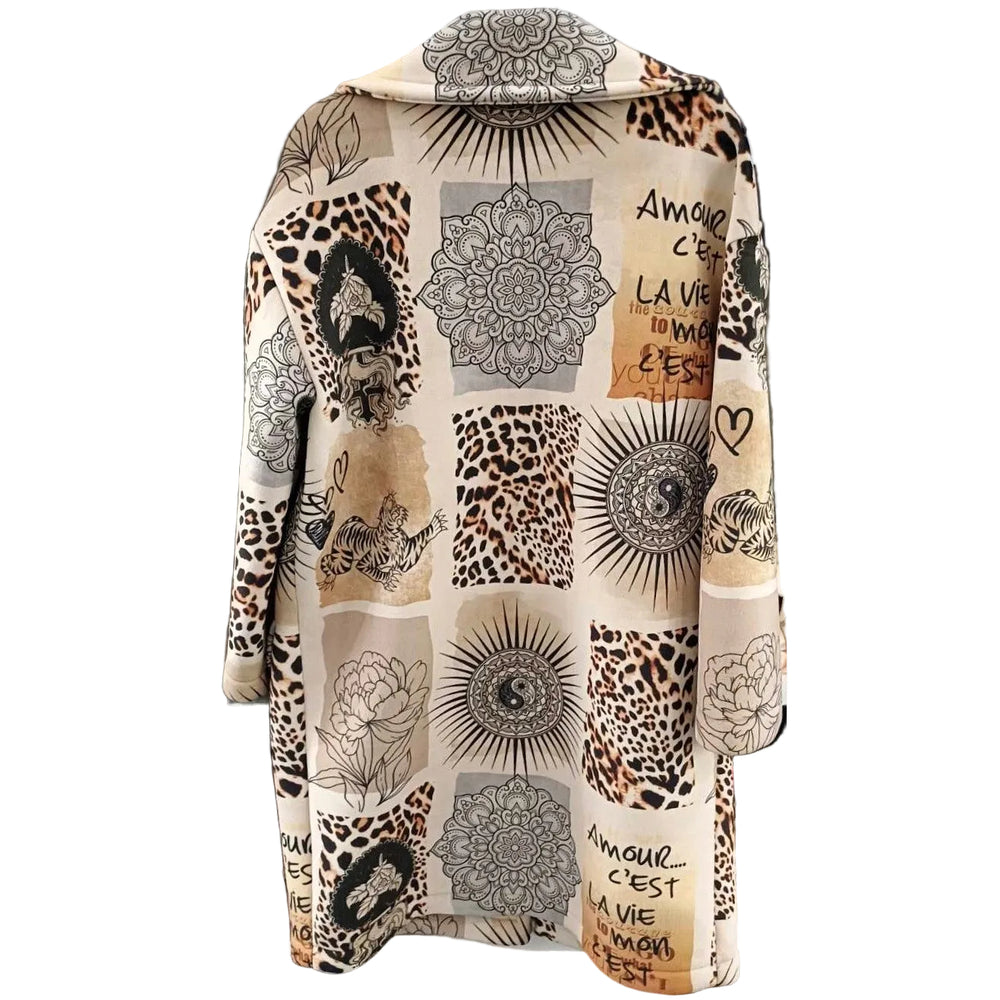 Delphine oversized neoprene plush coat in beige animal collage print - back view