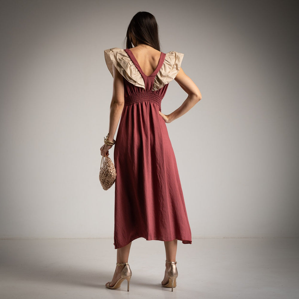 marigiou dusty rosewood midi dress with ruffle shoulders back view