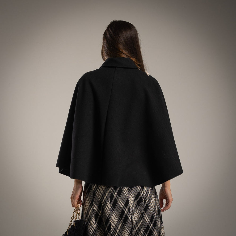 MARIΓIOÚ elegant black cape with gold buttons – back view