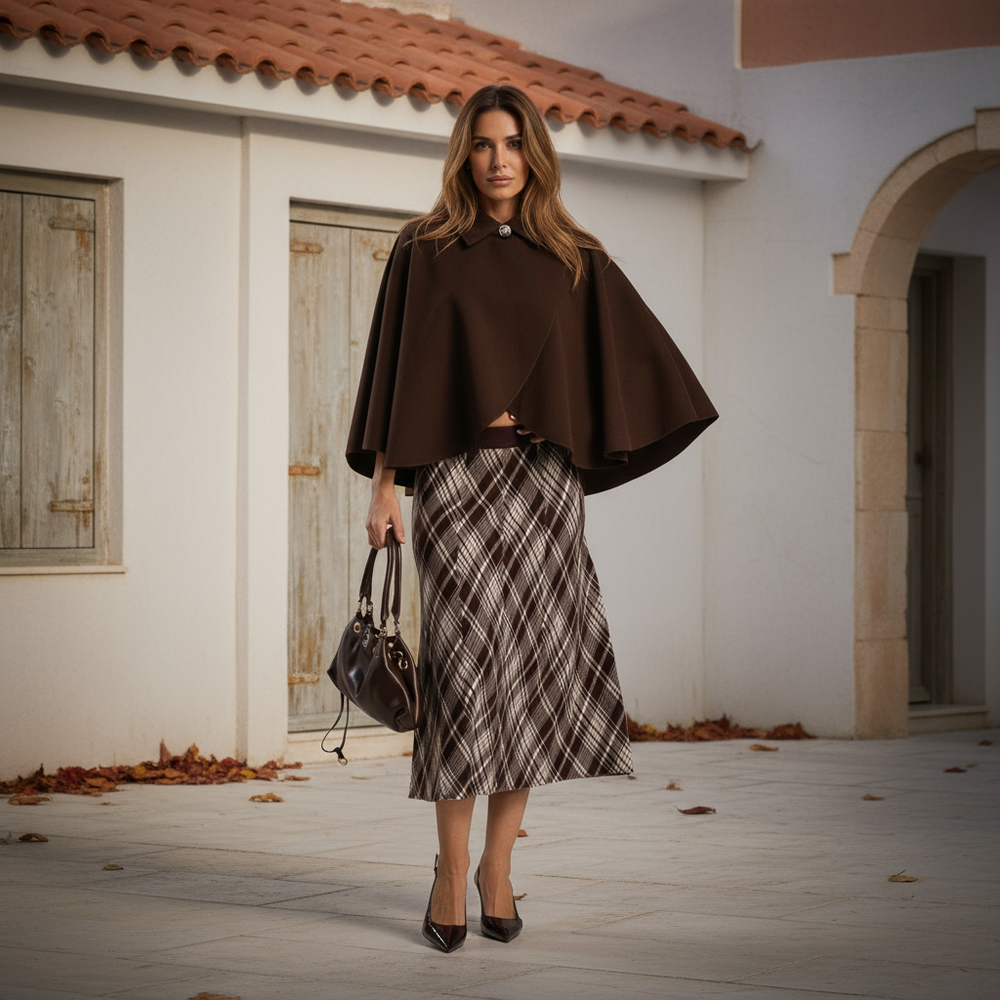 Street style look with MARIΓIOÚ chocolate cape and neutral outfit