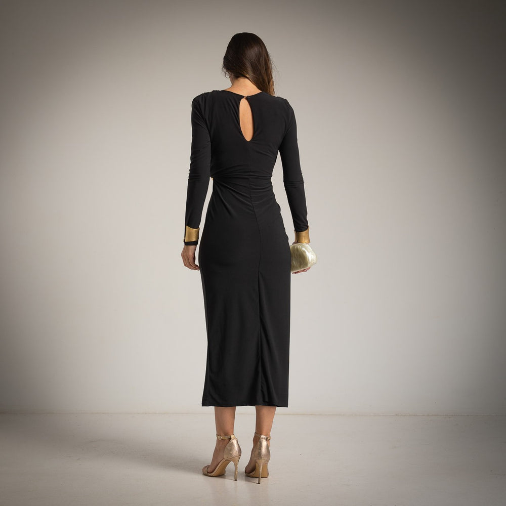 Black draped midi dress with long sleeves – back view