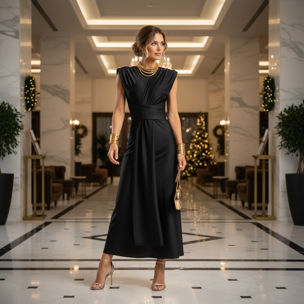 Elegant black midi dress styled for festive winter occasions