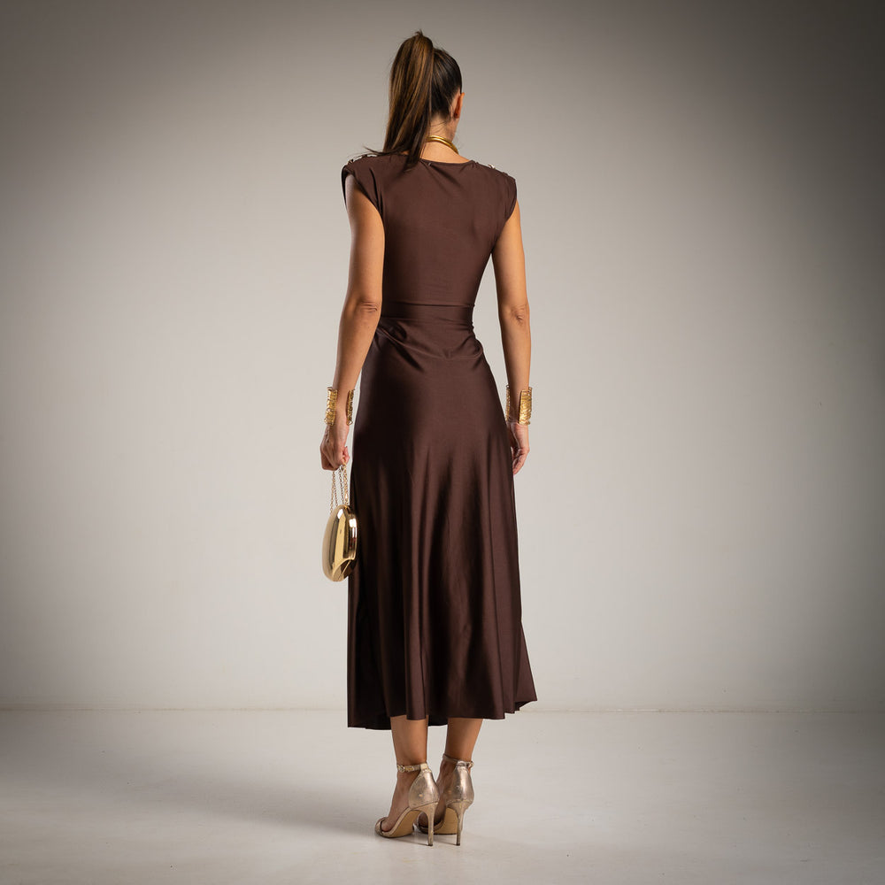 Back view of chocolate brown midi dress with wrap design