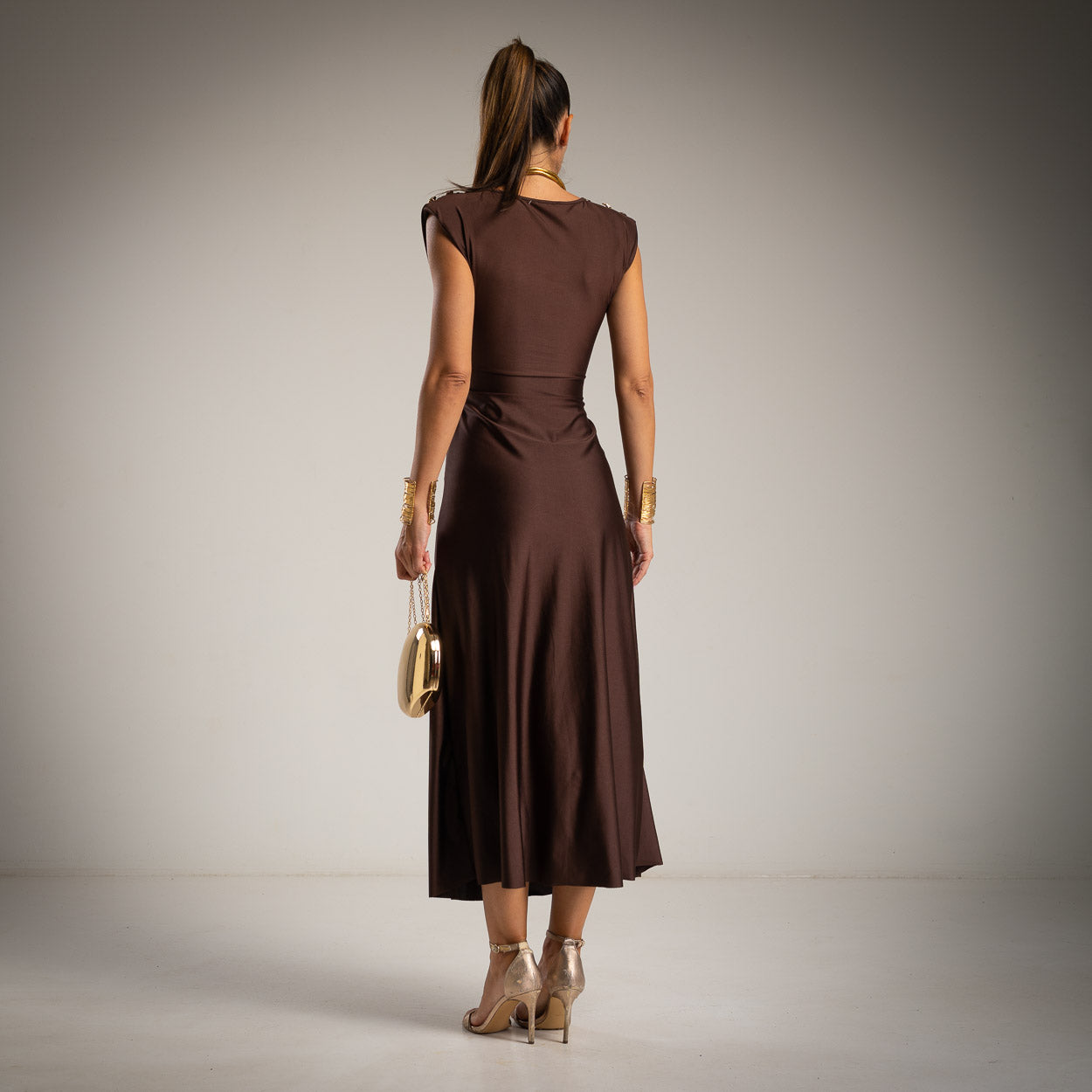 Back view of chocolate brown midi dress with wrap design