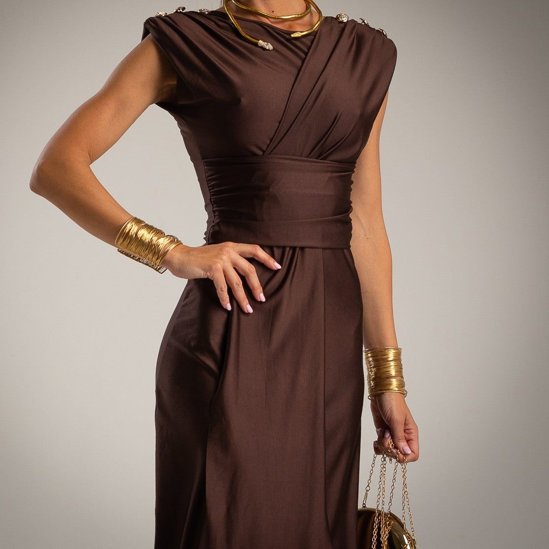 Chocolate brown elegant draped midi dress with shoulder buttons