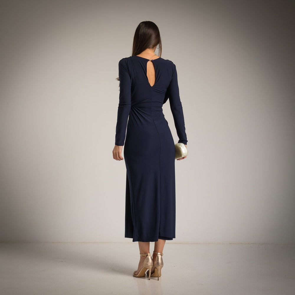 Navy draped midi dress with long sleeves – back view