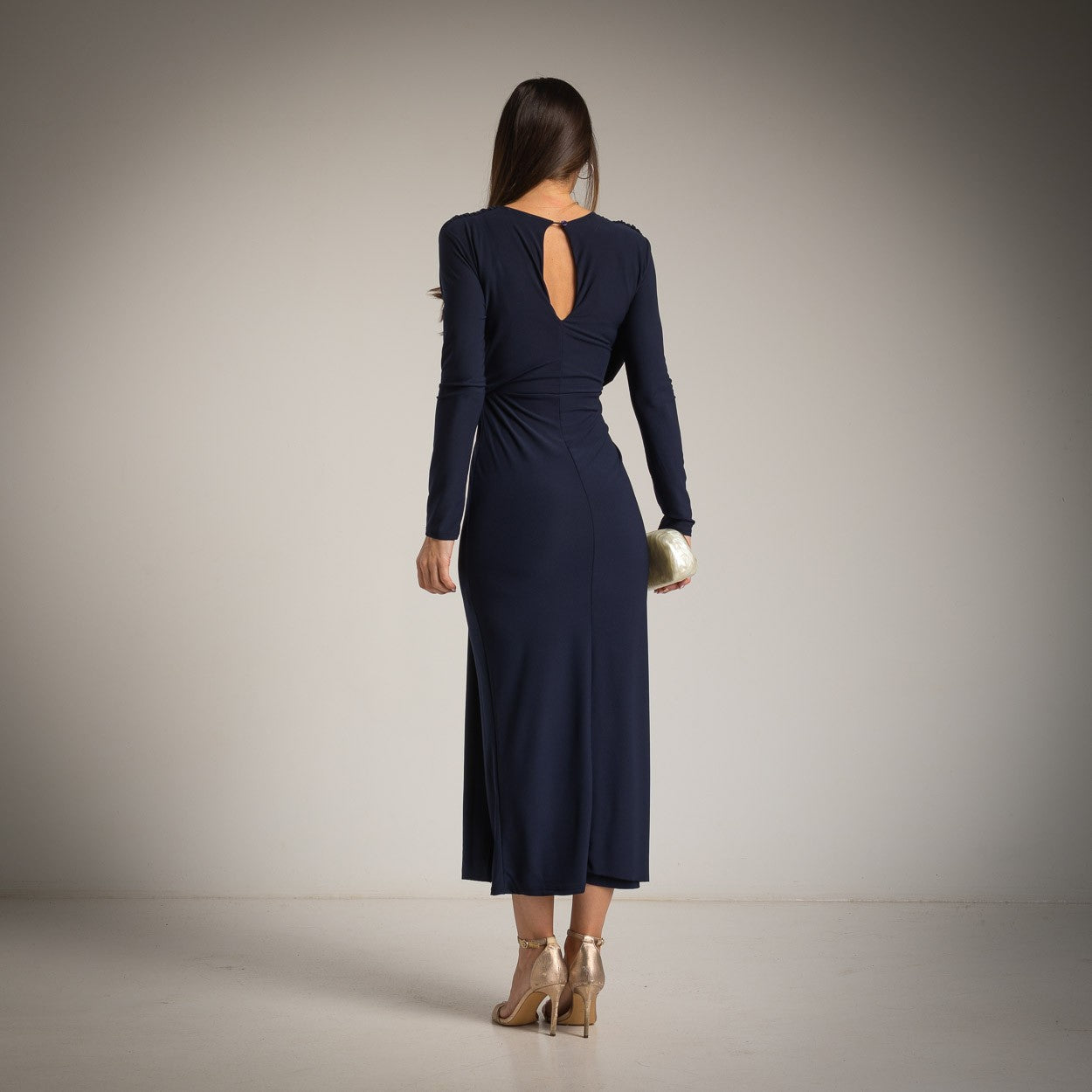 Navy draped midi dress with long sleeves – back view