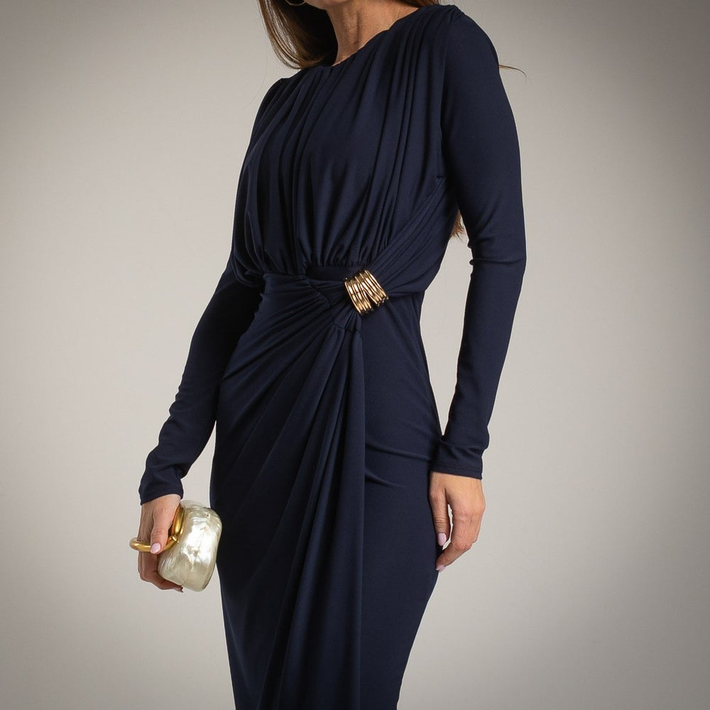 Elegant navy draped midi dress with gold waist detail – front view