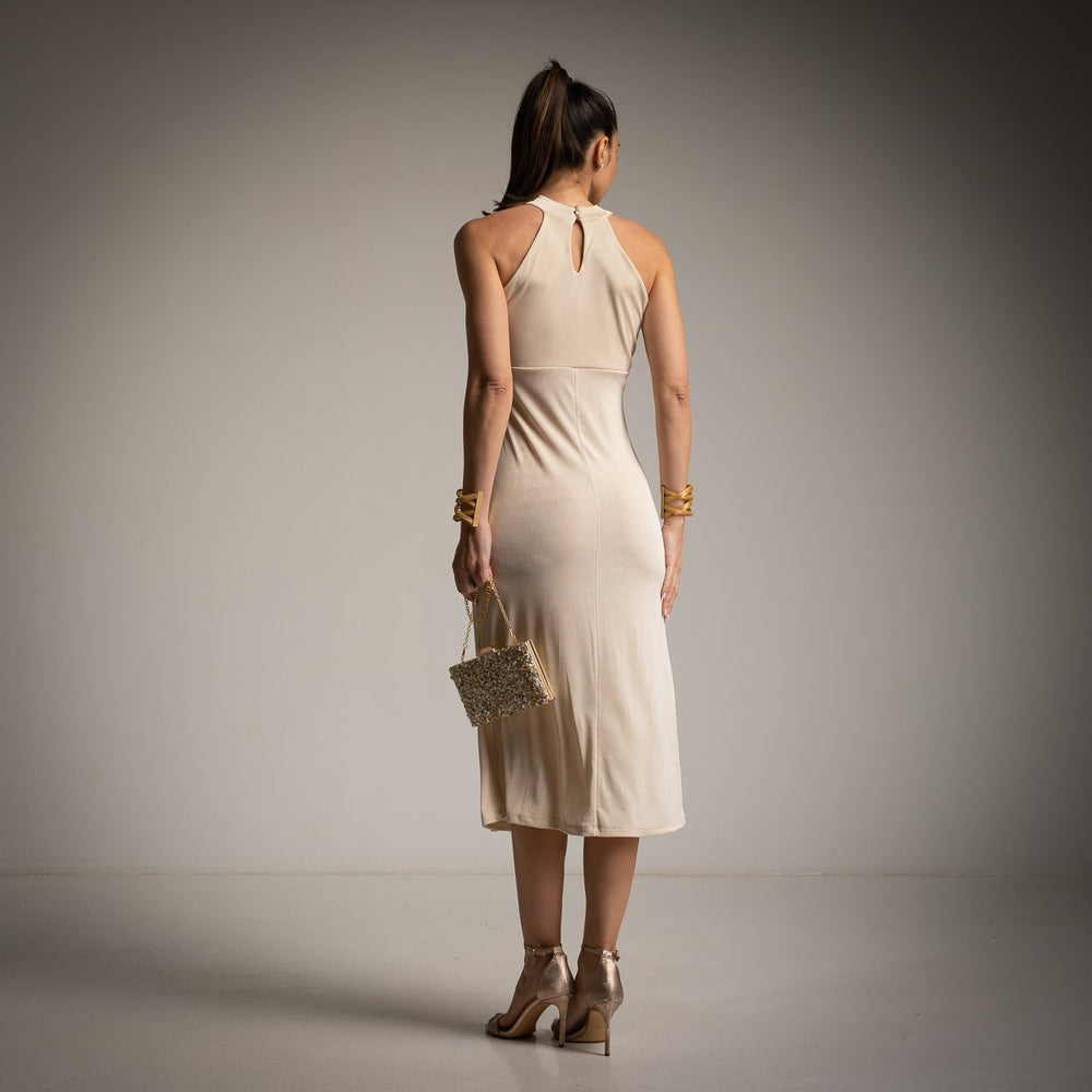 Back view of the Elena halterneck midi dress in Soft Vanilla